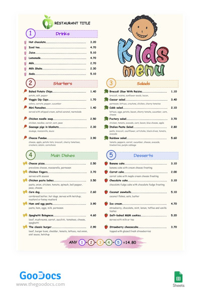 丰富多彩的儿童菜单 - 儿童餐厅菜单