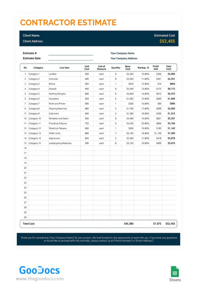 Orçamento de empreiteiro Modelo