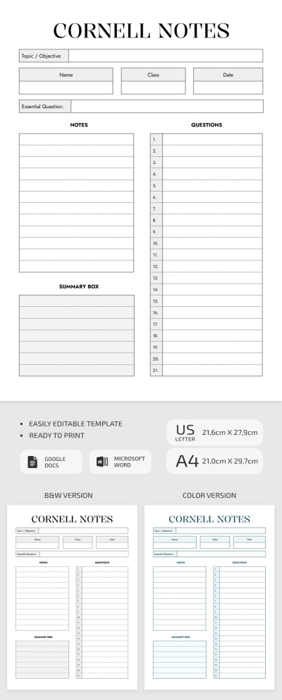Cornell Notes Worksheet for Class