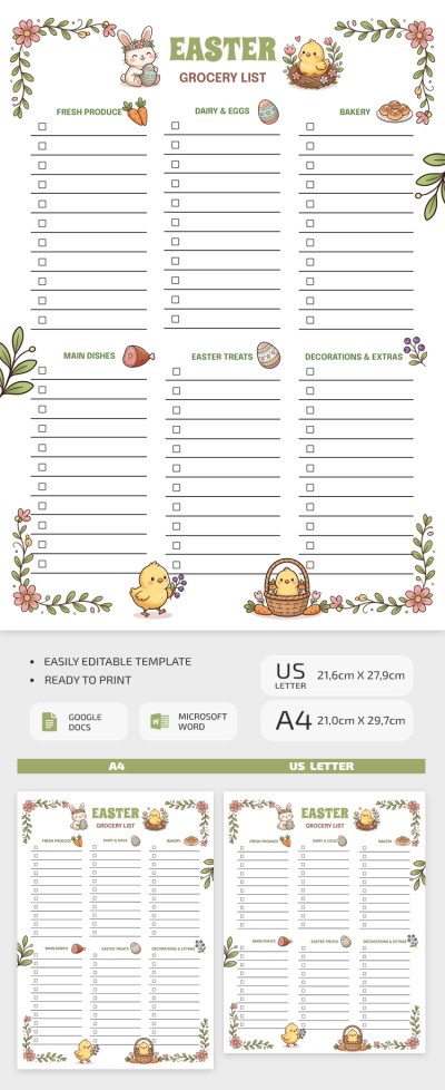Cute Easter Grocery List Template Modelo
