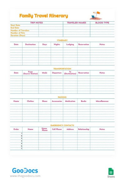 Cute Family Travel Itinerary Template | thegoodocs.com