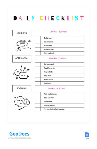 Lista delle attività quotidiane per bambini Modello