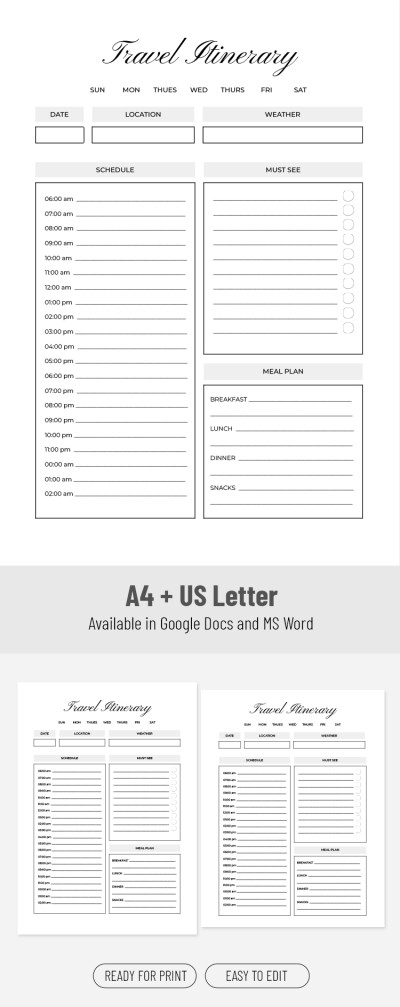 Day by Day Travel Itinerary Template Template