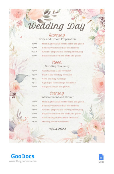 Delicate Light Watercolor Wedding Itinerary Template