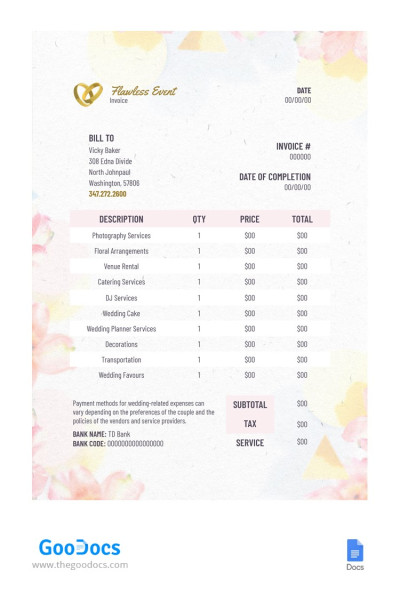Delicate Light Wedding Invoices Template