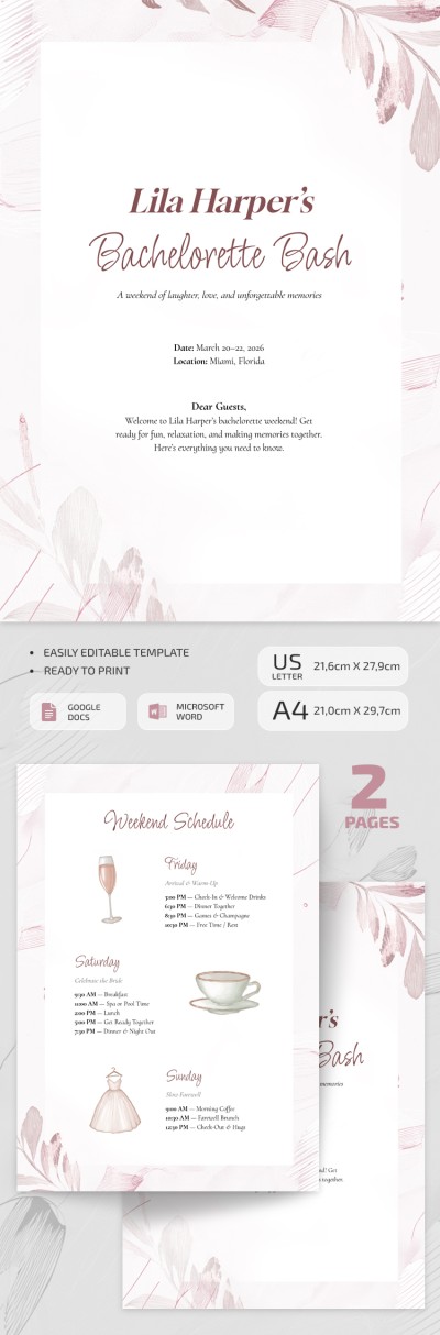 Editable Bridal & Bachelorette Itinerary Template Template