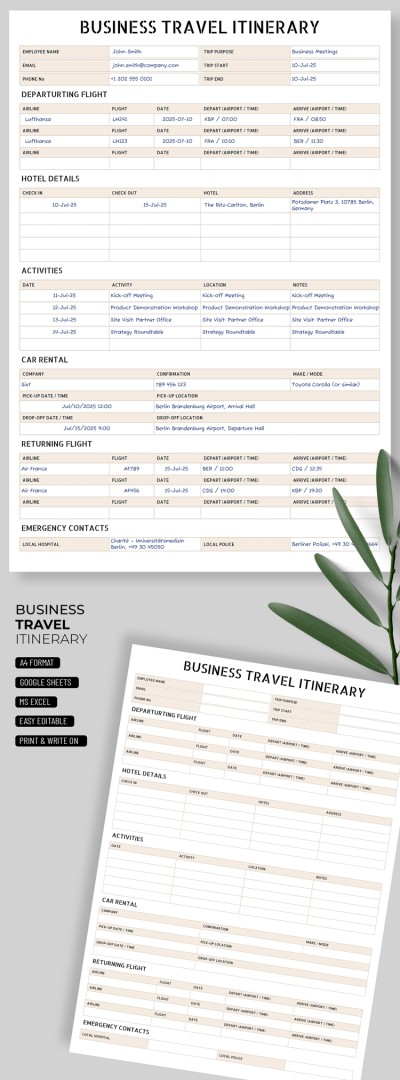 Editable Business Travel Itinerary Template