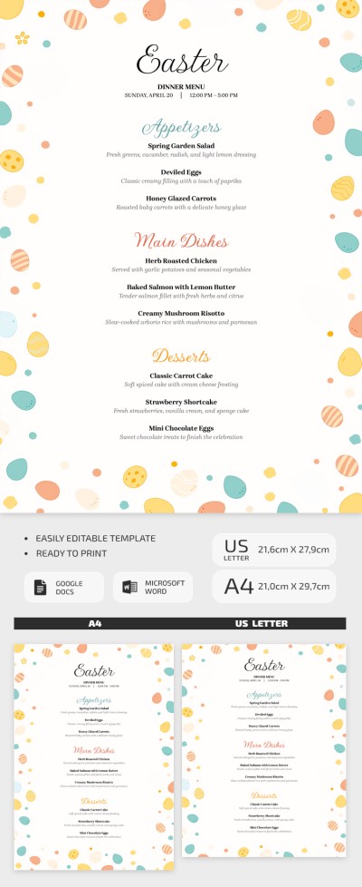 Plantilla editable del menú de Cena de Pascua Plantilla