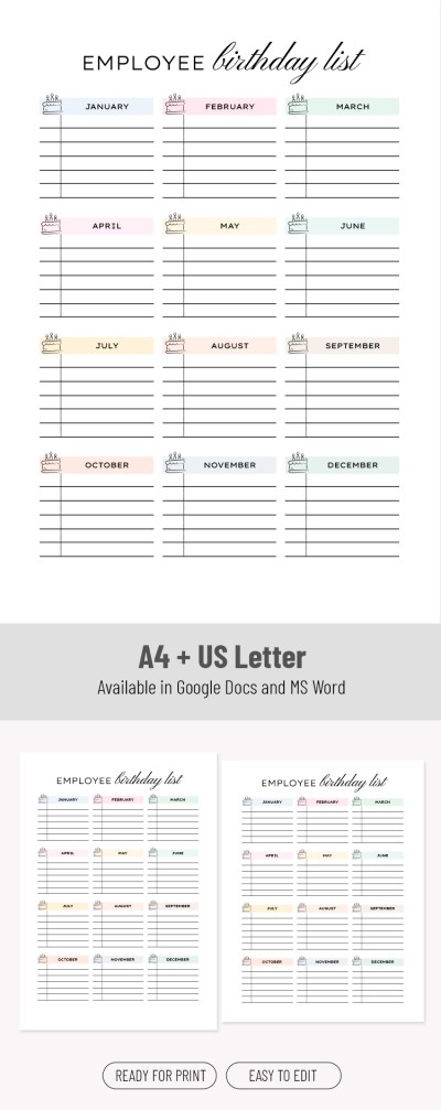 Editable Employee Birthday List Template Template