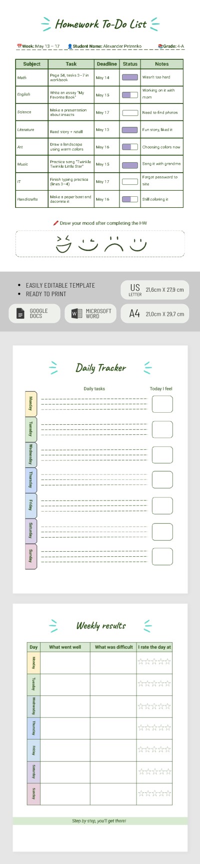 Editable Homework To Do List for Students and Parents