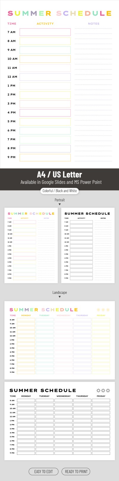 Editable Kids Daily Summer Schedule Template