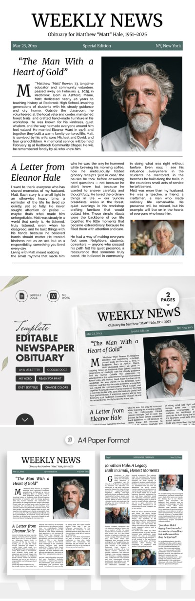 Editable Newspaper Obituary Template for Family & Memorials Template