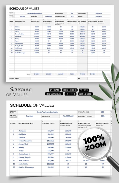 Editable Schedule of Values Template