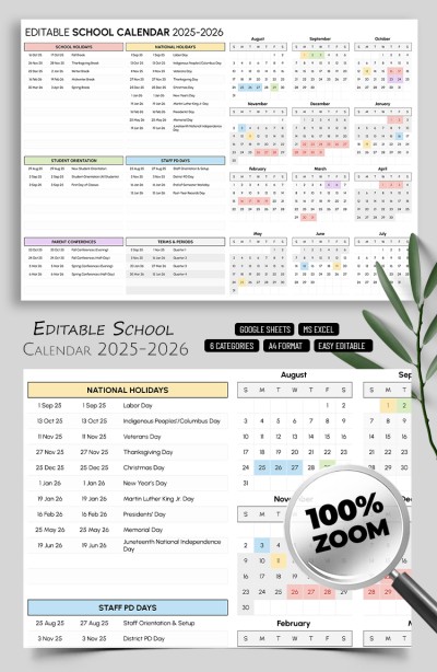 Modèle de calendrier scolaire modifiable - Année 2025-2026 Modèle