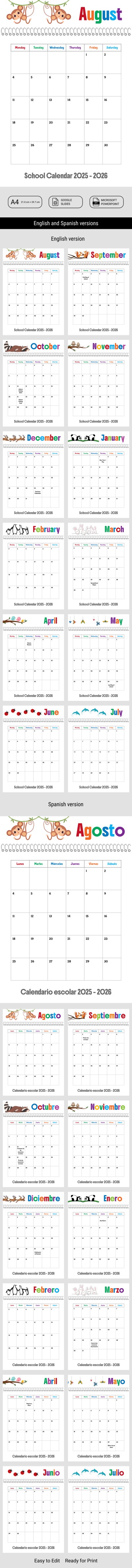 Modèle de calendrier scolaire modifiable 2025-2026 en anglais et en espagnol Modèle