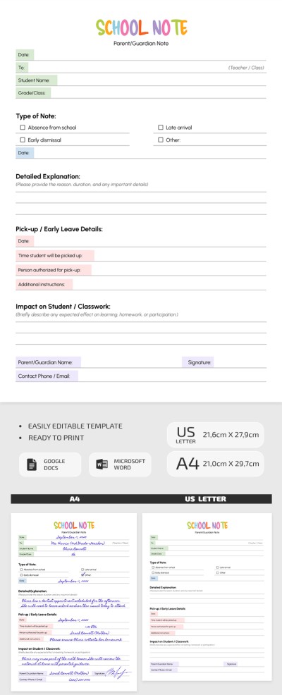 Editable School Note Template from Parents Template