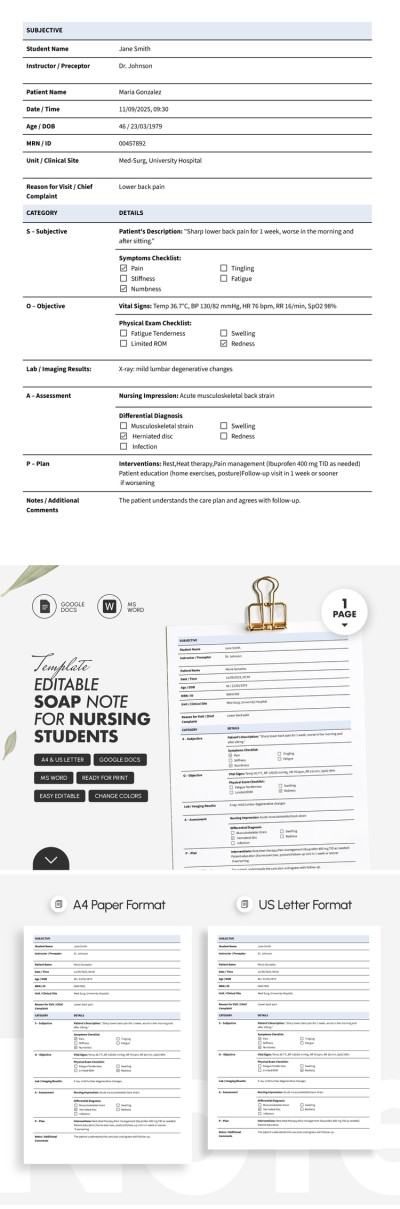Editable SOAP Note Template for Nursing Students Template