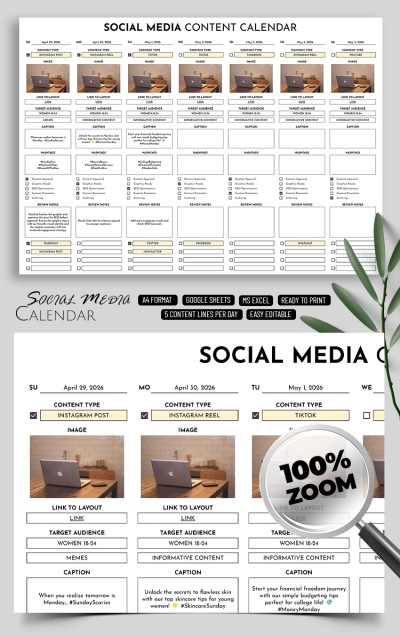 Editable Social Media Content Calendar