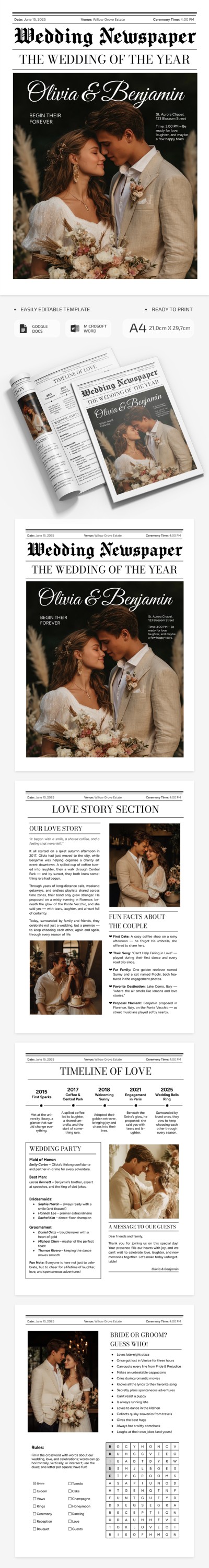 Editable Wedding Newspaper Template for Invitations & Memories Template