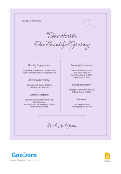 Itinerario de Boda Elegante en Color Violeta Plantilla