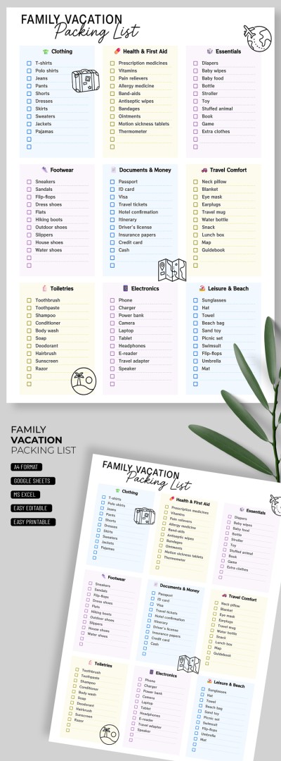 plantilla de lista de empaque para vacaciones en familia Plantilla