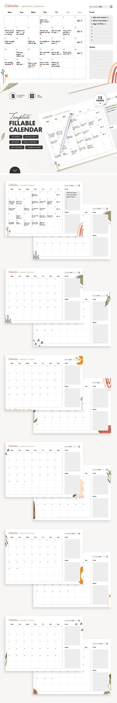 Cute Fillable Calendar Template