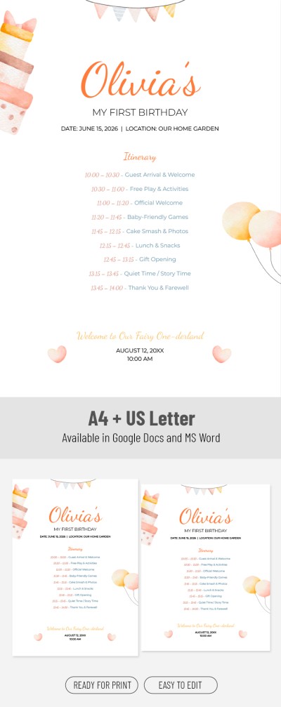 First Birthday Itinerary Template Template