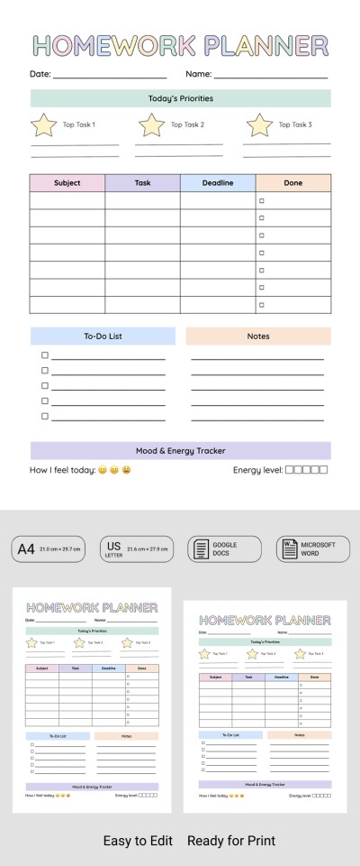 Modèle de planificateur de devoirs pour les étudiants Modèle