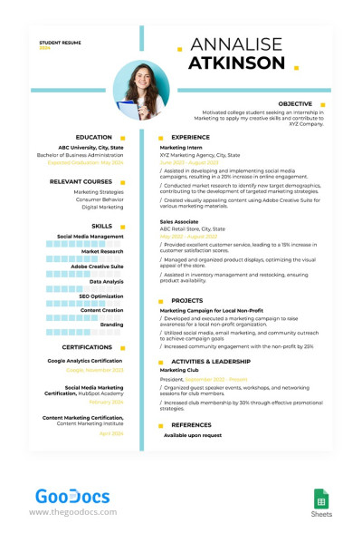 Divertido currículum de estudiante universitario Plantilla