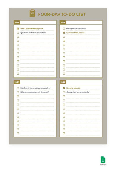 Golden Four-Day To-Do List Template