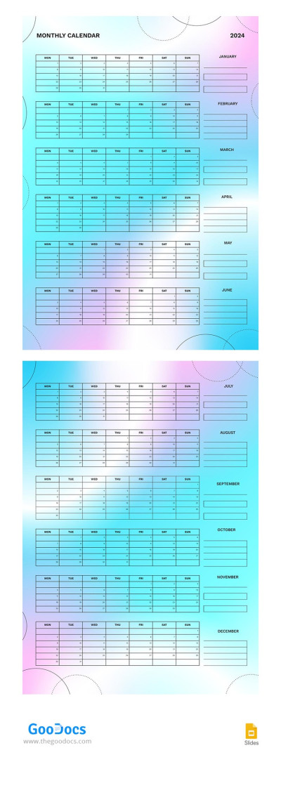 Calendario mensual degradado 2024 Plantilla