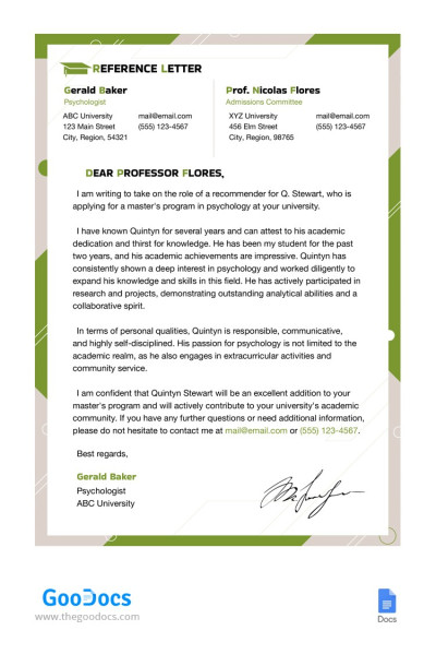 Green Academic Reference Letter Modello