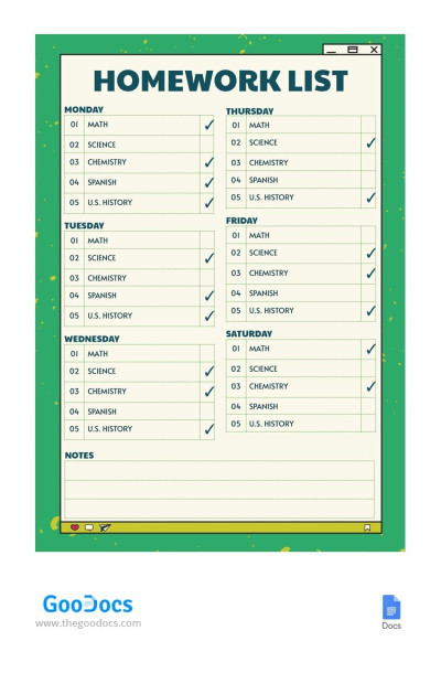 Green Homework List Template