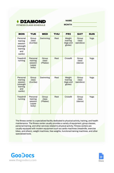 Green Minimalist Fitness Class Schedule - Fitness Class Schedules