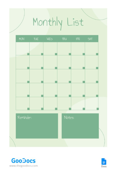 Green Monthly List Template