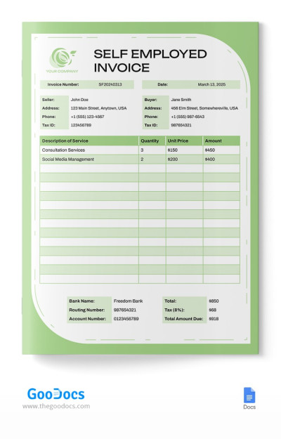 Green Self Employed Invoice Template