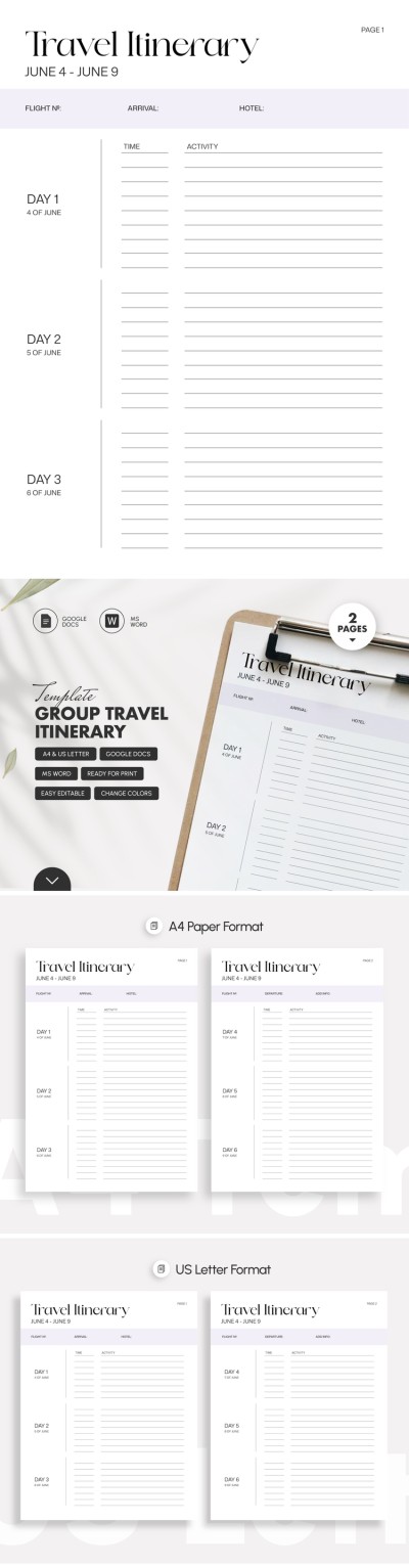 Group Travel Itinerary Template Template