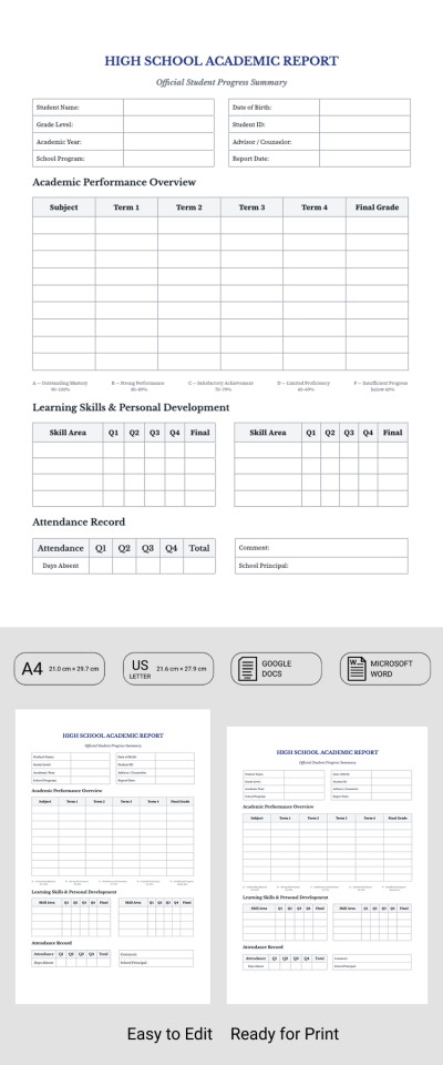 Plantilla de boletín de calificaciones de secundaria Plantilla
