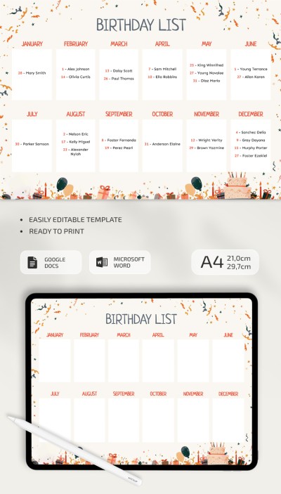 Illustrated Birthday List Template