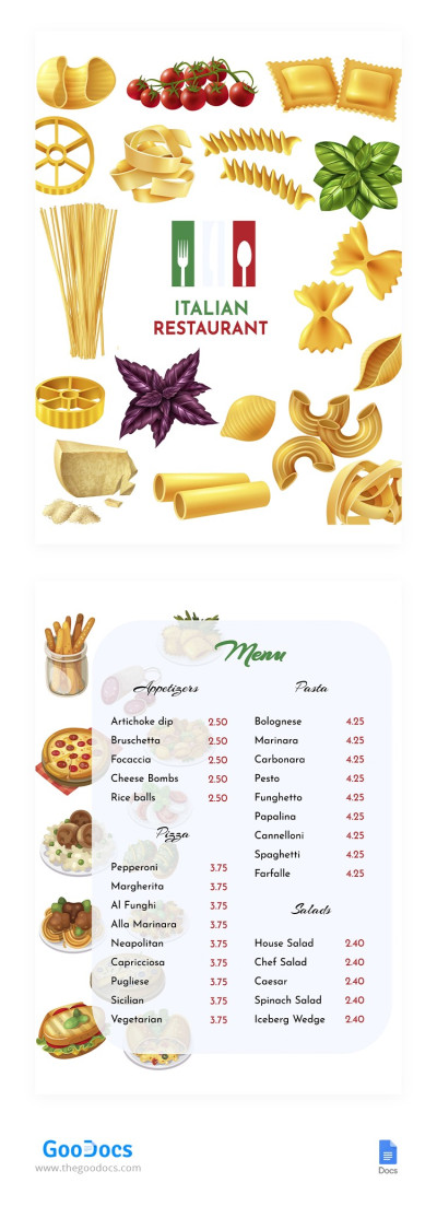 Menu del ristorante italiano Modello