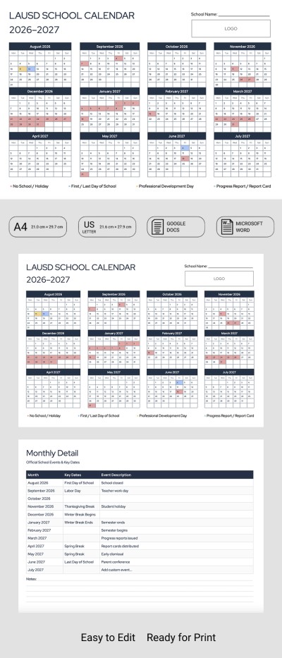 LAUSD School Calendar Template 2026-2027 Template