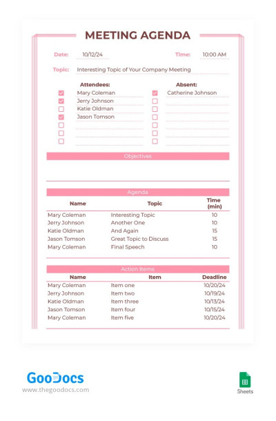 Pink Creative Meeting Agenda Template