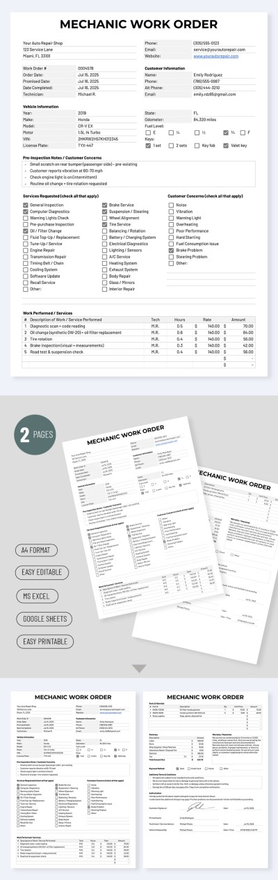 Modello di ordine di lavoro del meccanico Modello