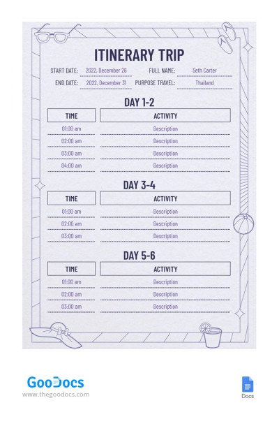 Itinerario mínimo de viaje en color morado Plantilla