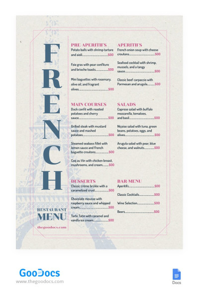 Minimalistic French Restaurant Menu - French Restaurant menu