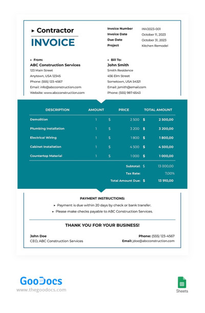 Modern Contractor Invoice Template
