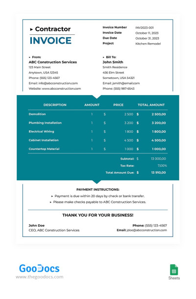 Fattura moderna dell'appaltatore Modello