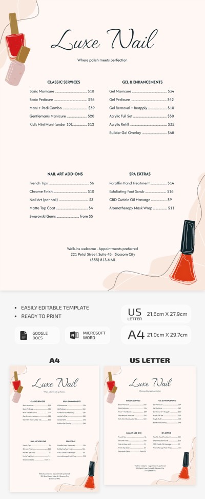 Nail Salon Price List Template