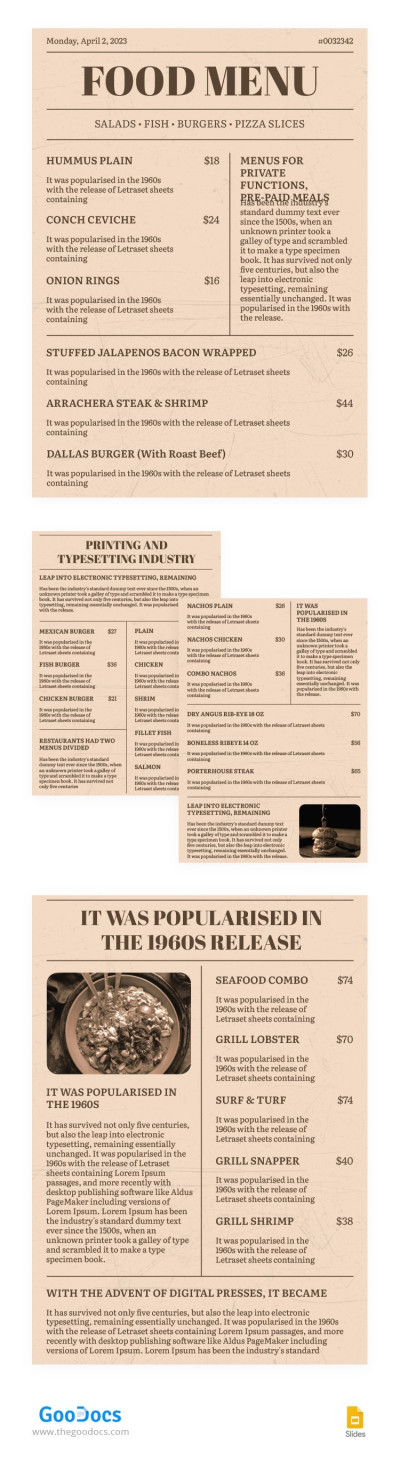 Vecchio menu del ristorante del giornale Modello