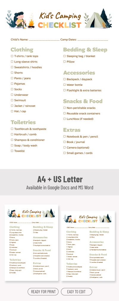 Packing List Template for Kids Going to Camp Template